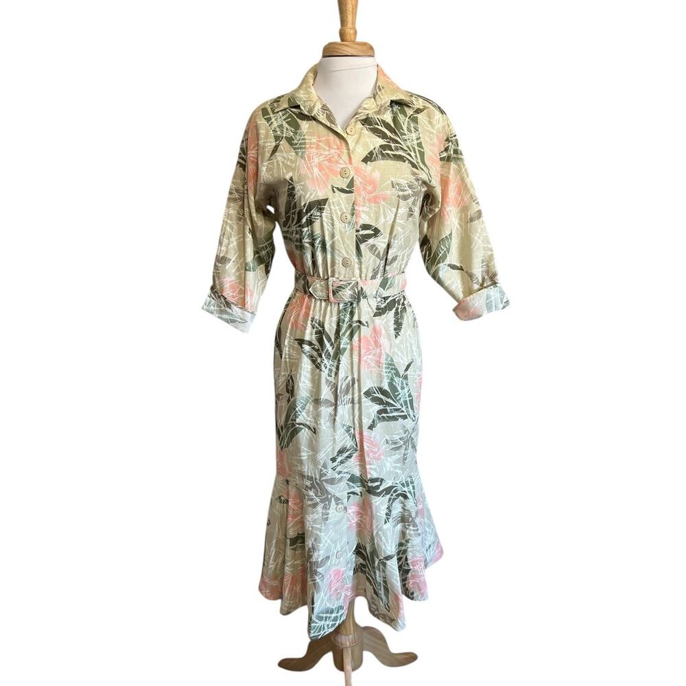 SWEET SAGE Vintage 80s Belted Mermaid Day Dress Khaki Pink Abstract sz 7/8